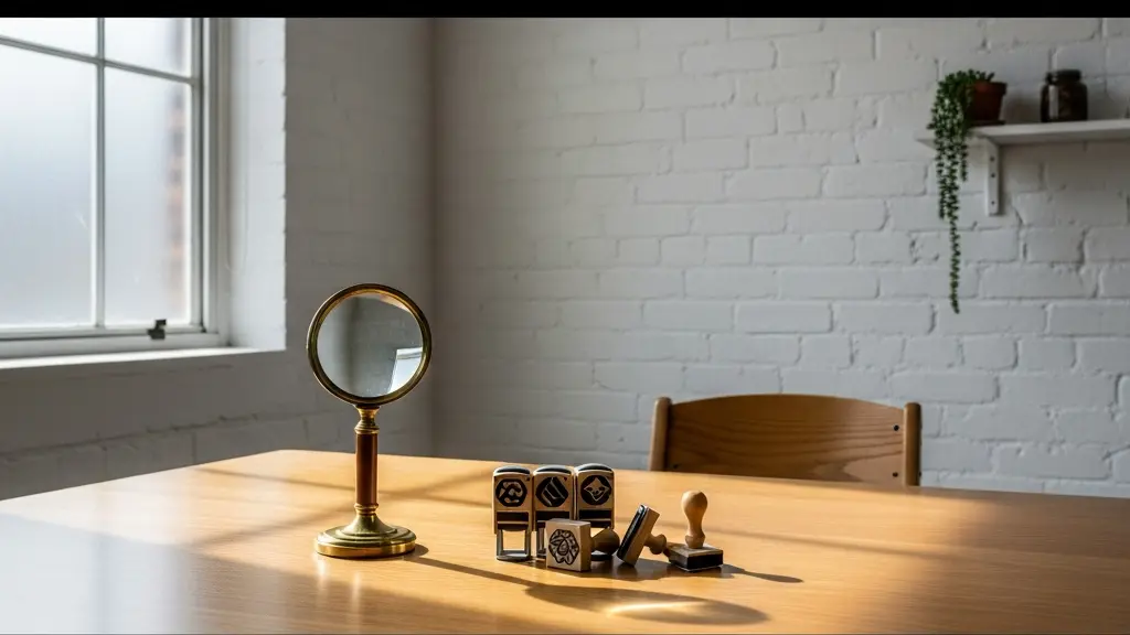 A wide environmental photograph of a dimly lit workspace with a magnifying glass positioned over a cluster of overlapping metallic stamps, representing the forensic detection of VAT number cloning fraud.