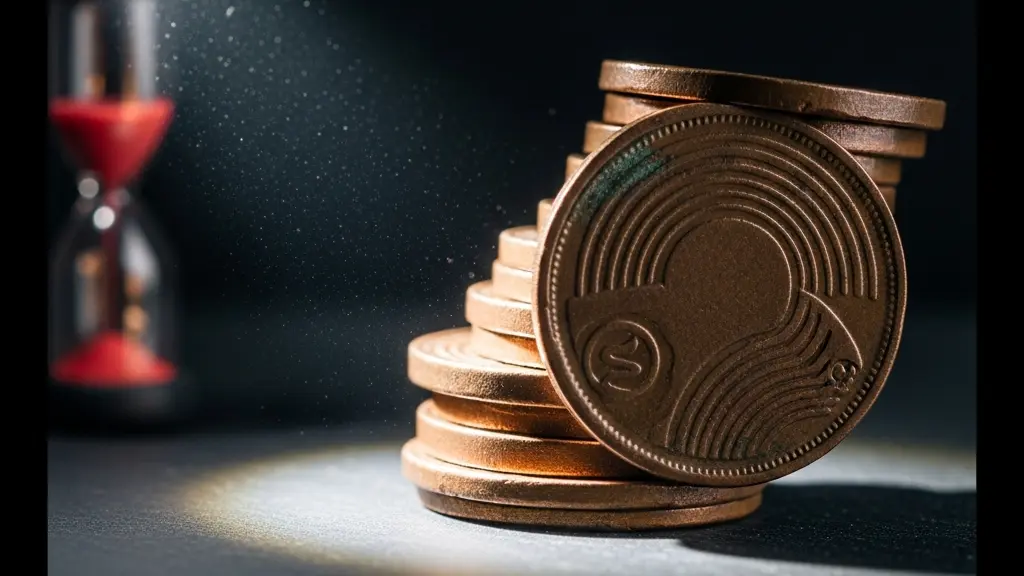 A macro close-up photograph of stacked copper coins on a dark surface with a single red sand timer in the background, symbolising the accumulating pressure of VAT penalty points and payment deadlines.